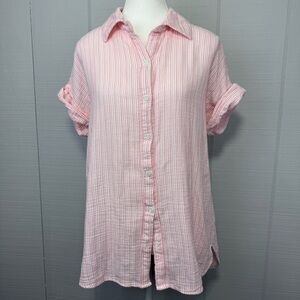 Casa Cabana Pink White Stripe Button Up Cotton Gauze Top Short Cuffed Sleeves XS